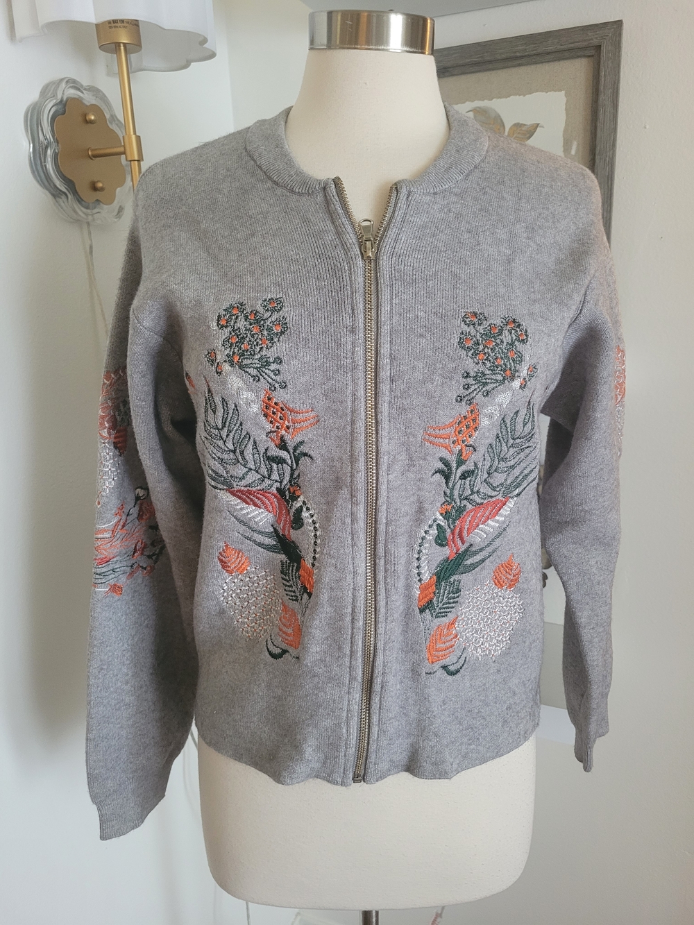 Aratta Silent Journey Gray Embroidered Bomber Jacket with Peach Floral Details